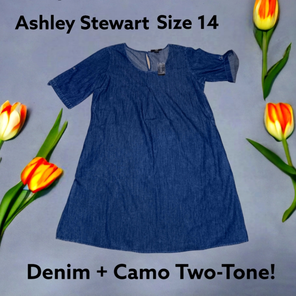 Ashley Stewart Denim + Camo Adjustable Short Sleeve Flare Dress, Size 14